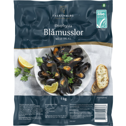 Bl&aring;musslor med skal kokta ASC 1kg