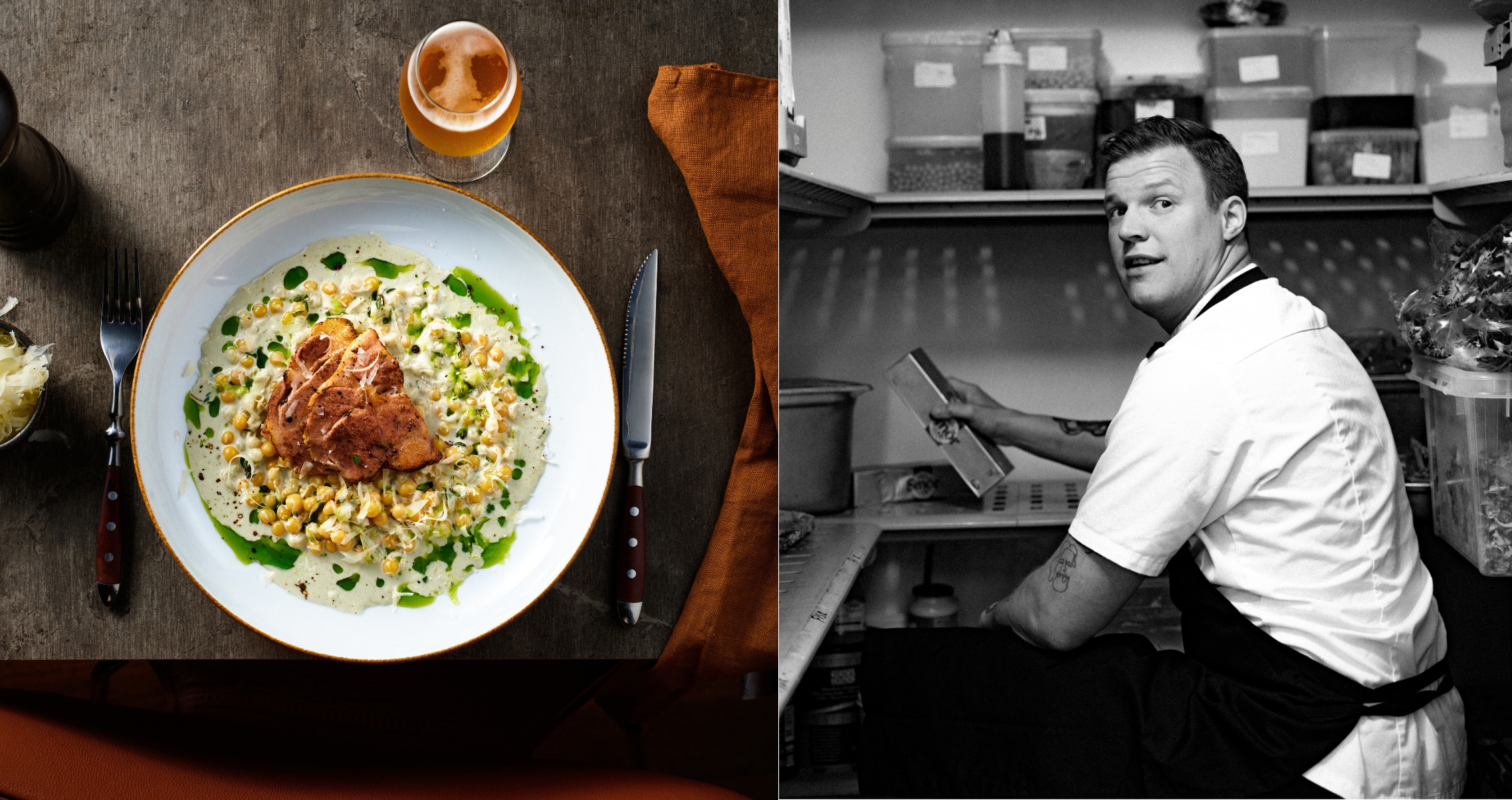 Ett kollage med två bilder. På den vänstra bilden ser du ett dukat bord där eldad gulärtsrisotto är serverad. På den högra en svartvit bild på Rasmus in action i köket.