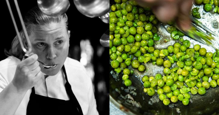 Ett kollage av två bilder. Den vänstra ett svartvitt porträtt av Frida när hon provsmakar på något. Den högra av ett moment när mushy peas tillreds, en hand skymtas som mosar gröna ärtor i en stekpanna.