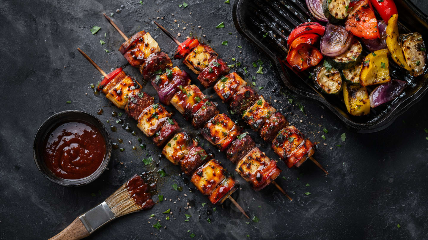Chorizo- och halloumispett med spanska grillgrönsaker & chipotle-glaze