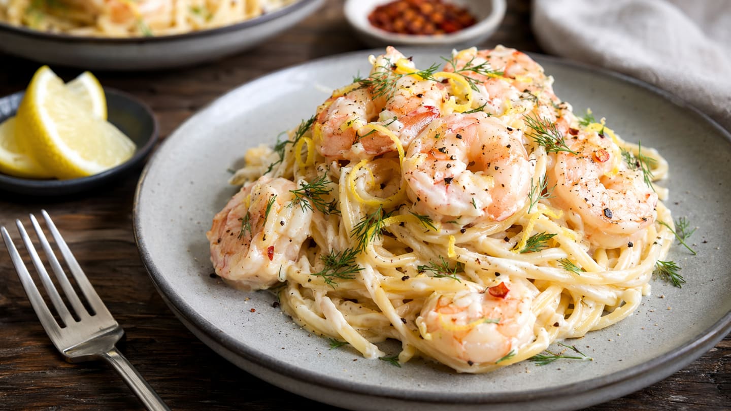 Krämig räkpasta med citron, vitlök och dill