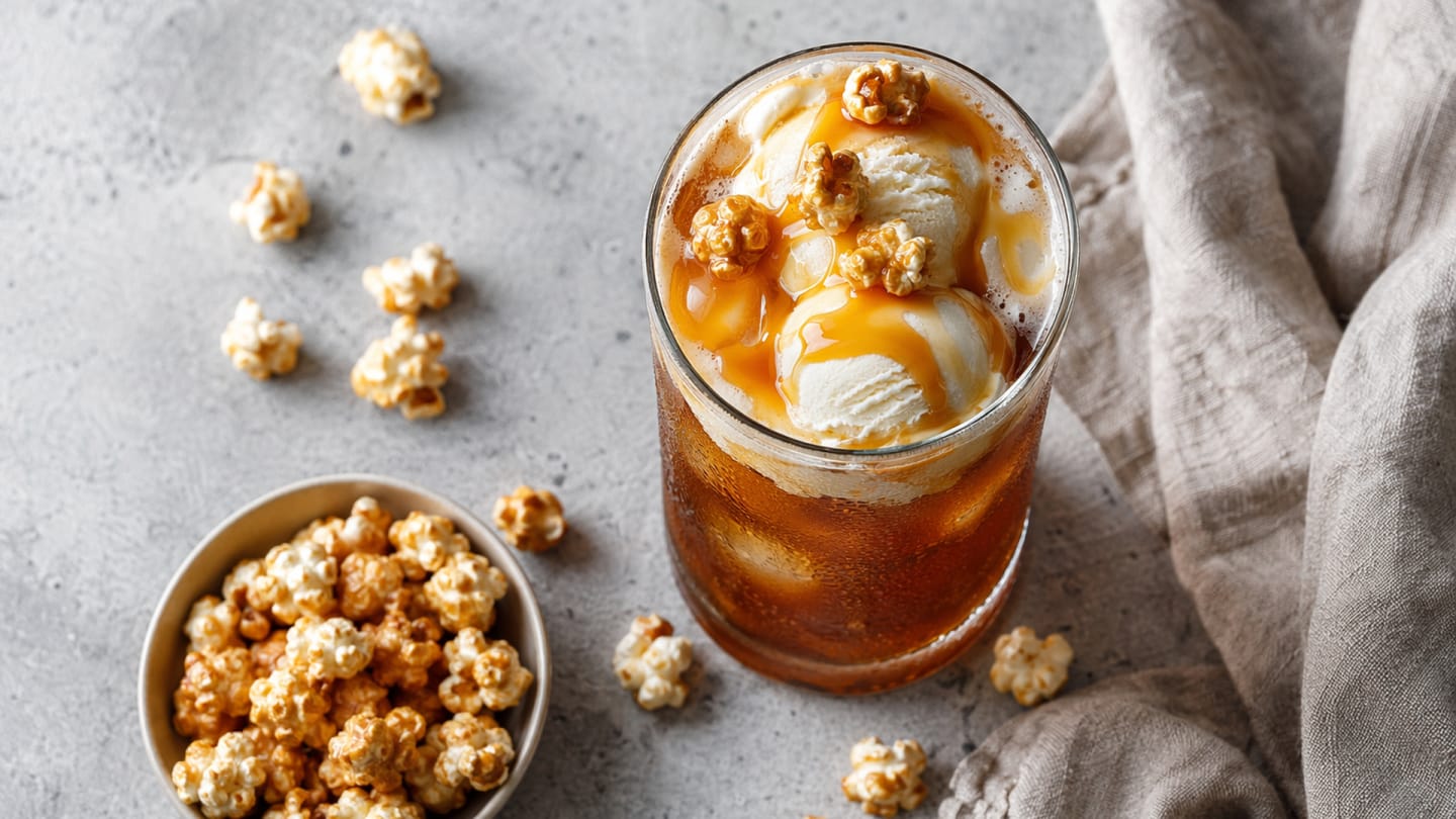 Peach Ice Tea Float med salt karamellpopcorn
