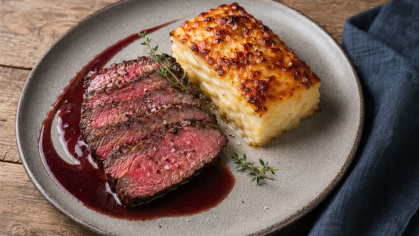 Slaktarbiff med rödvinssås och krämig potatisgratäng