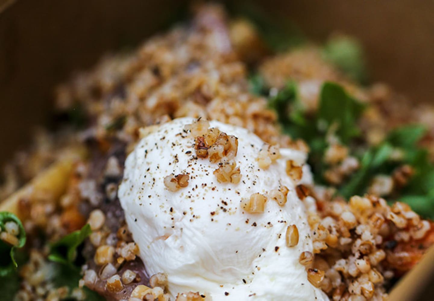 Sallad på Fyra Skånska Gryn, matjesill, rostade rotfrukter och pocherat ägg