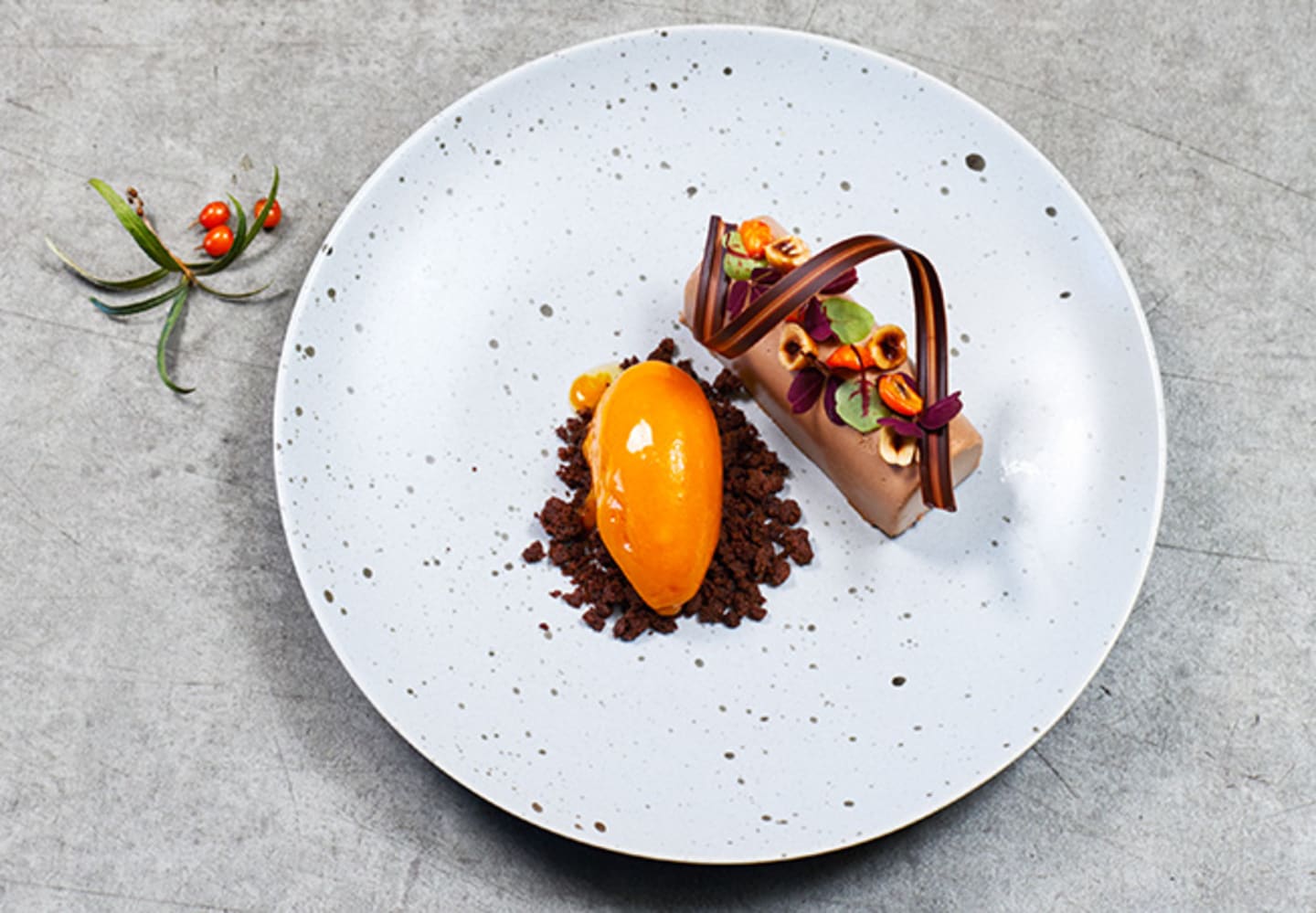 Gjuten chokladmousse med havtornssorbet