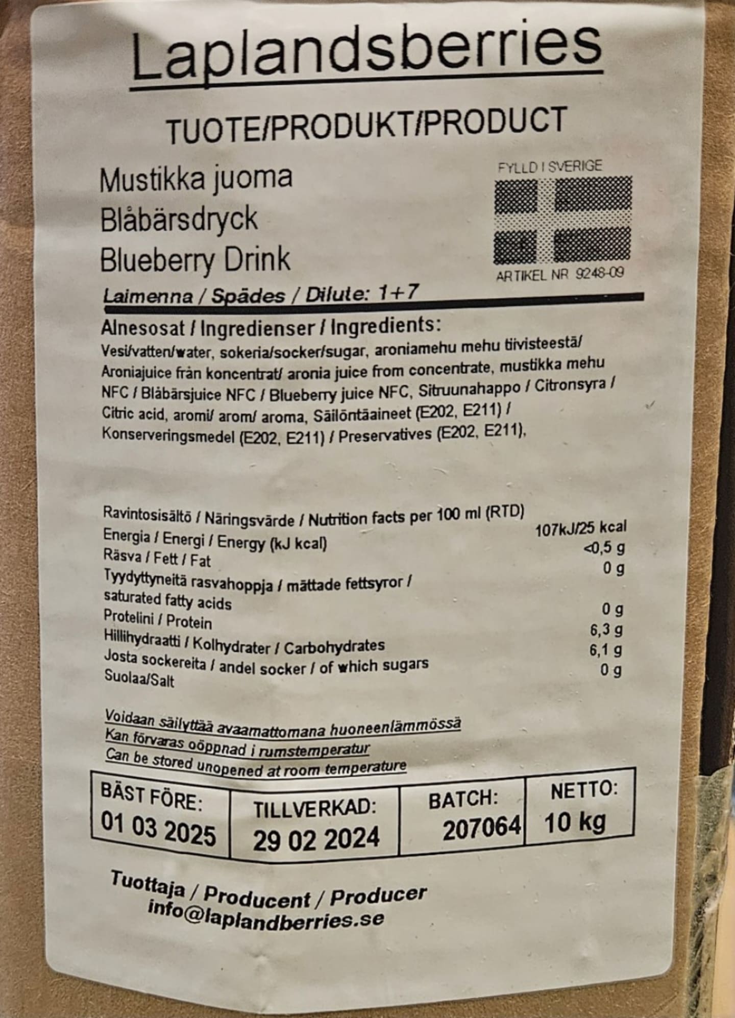 Blåbärsdryck 1+7 10L