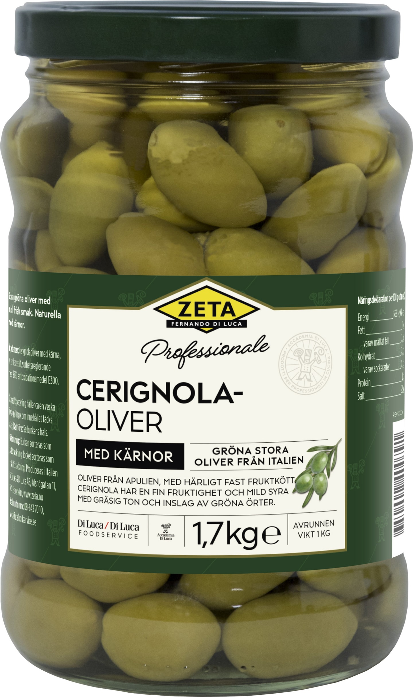 Cerignolaoliver gröna med kärnor 1,7kg